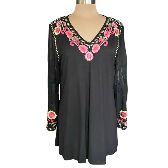 Vintage Collection Black Chiffon Floral Embroidery Lace V-neck Tunic Size L Boho - Picture 2 of 9